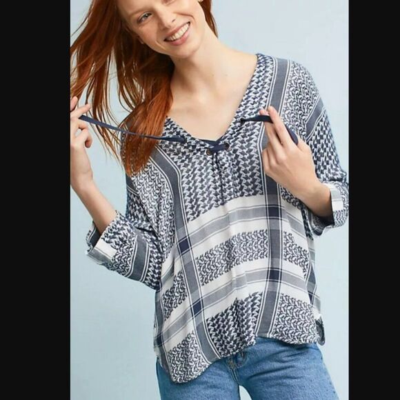 Rails x Anthropologie LILY YARN-DYED Jacquard Blue & White Plaid Top Size S - Picture 14 of 15